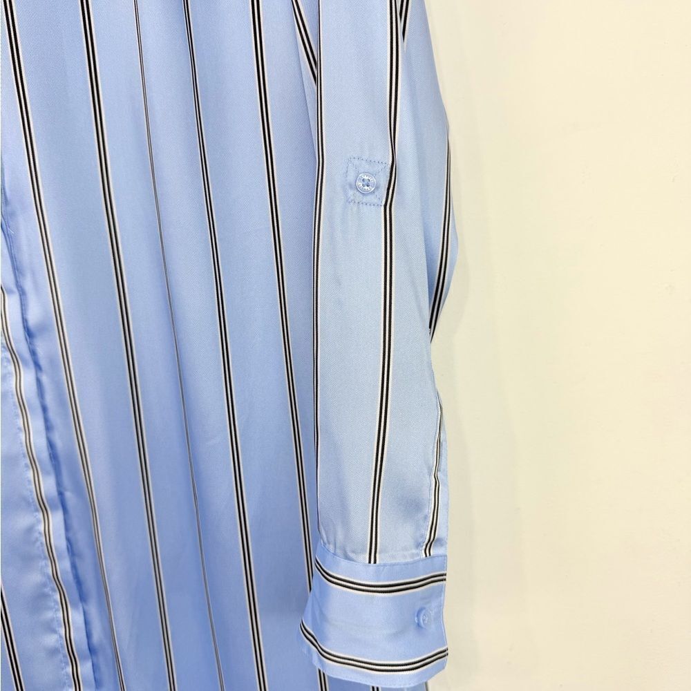 Express Light Blue Black Vertical Stripe Tab Sleeve Collared Shirt Dress NEW - Picture 12 of 15